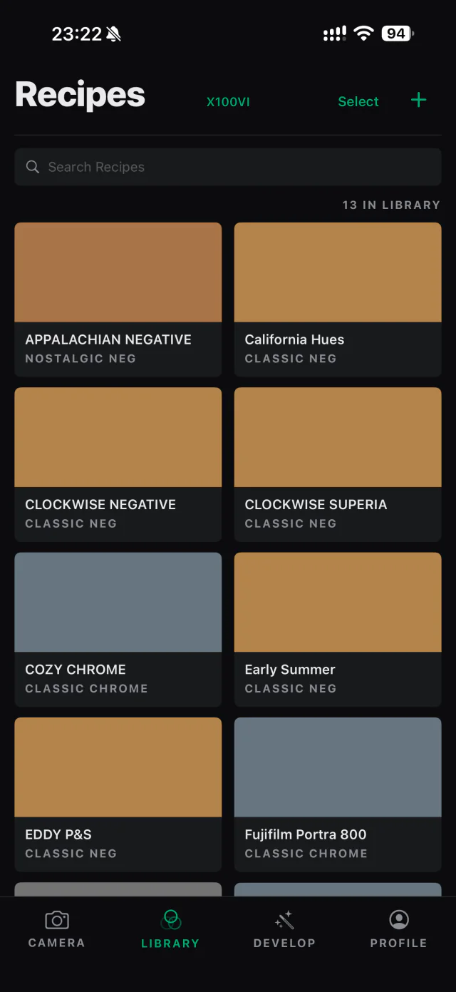 The recipe library showing California Hues, Cozy Chrome, and other saved recipes
